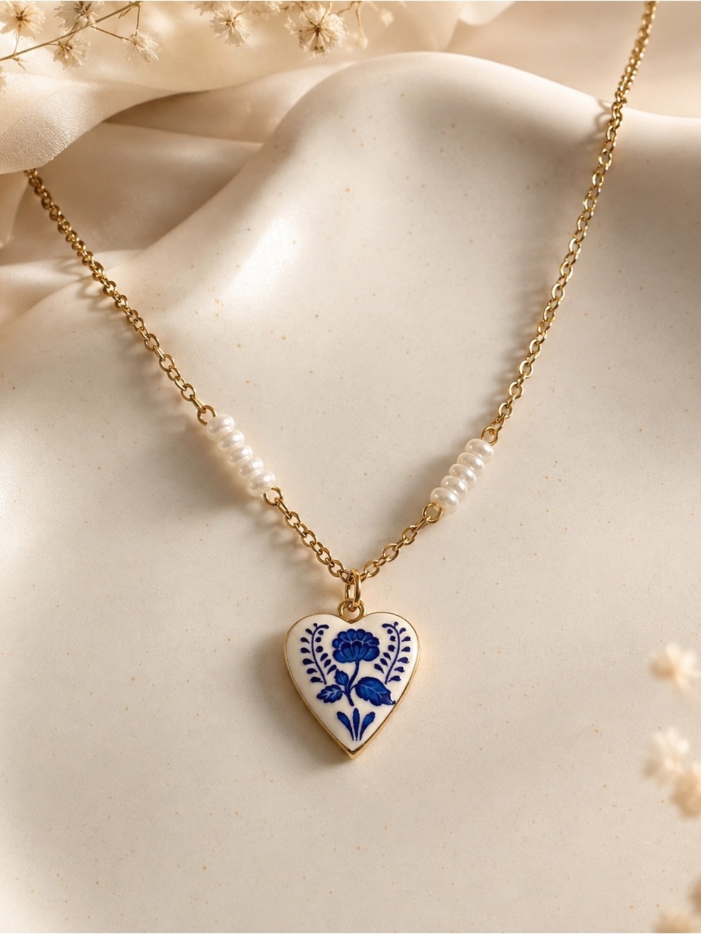 Dainty Blue & White Porcelain-Inspired Heart Necklace ✨